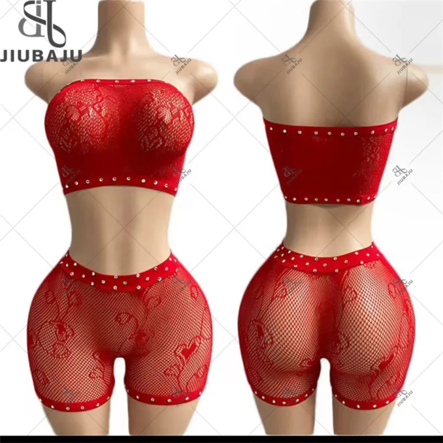 Red 2-Piece Fishnet Lace Lingerie Set – Bandeau Crop Top & High-Waist Shorts with Studded Detail – Sexy Stretch Fit – UK Sizes 4–20
