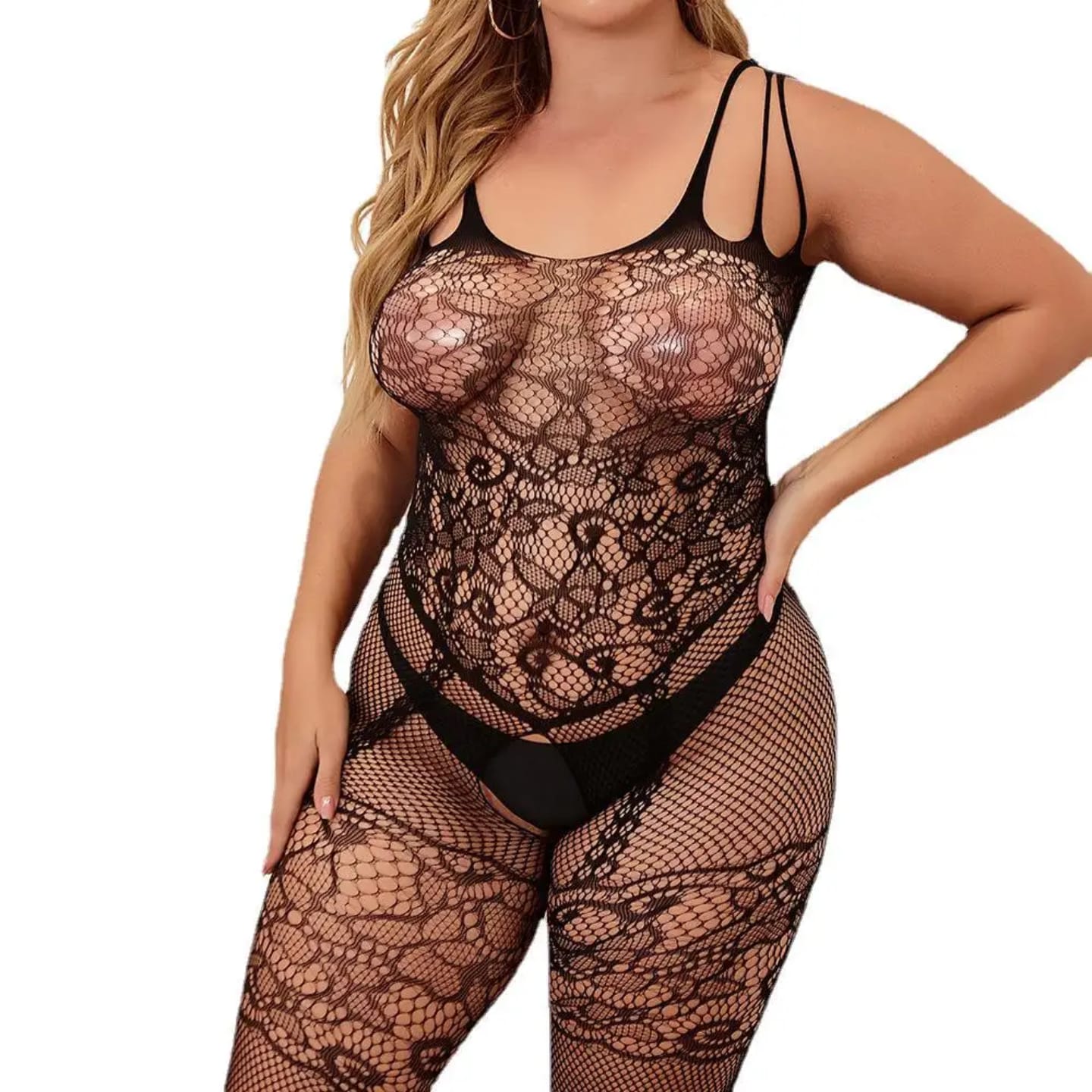 Black Lace Full-Body Bodystocking with Floral Mesh Detail – One-Piece Sheer Stretch Lingerie for Creative Styling – Fits UK Sizes 4–20 – Bra & Panty Not Included