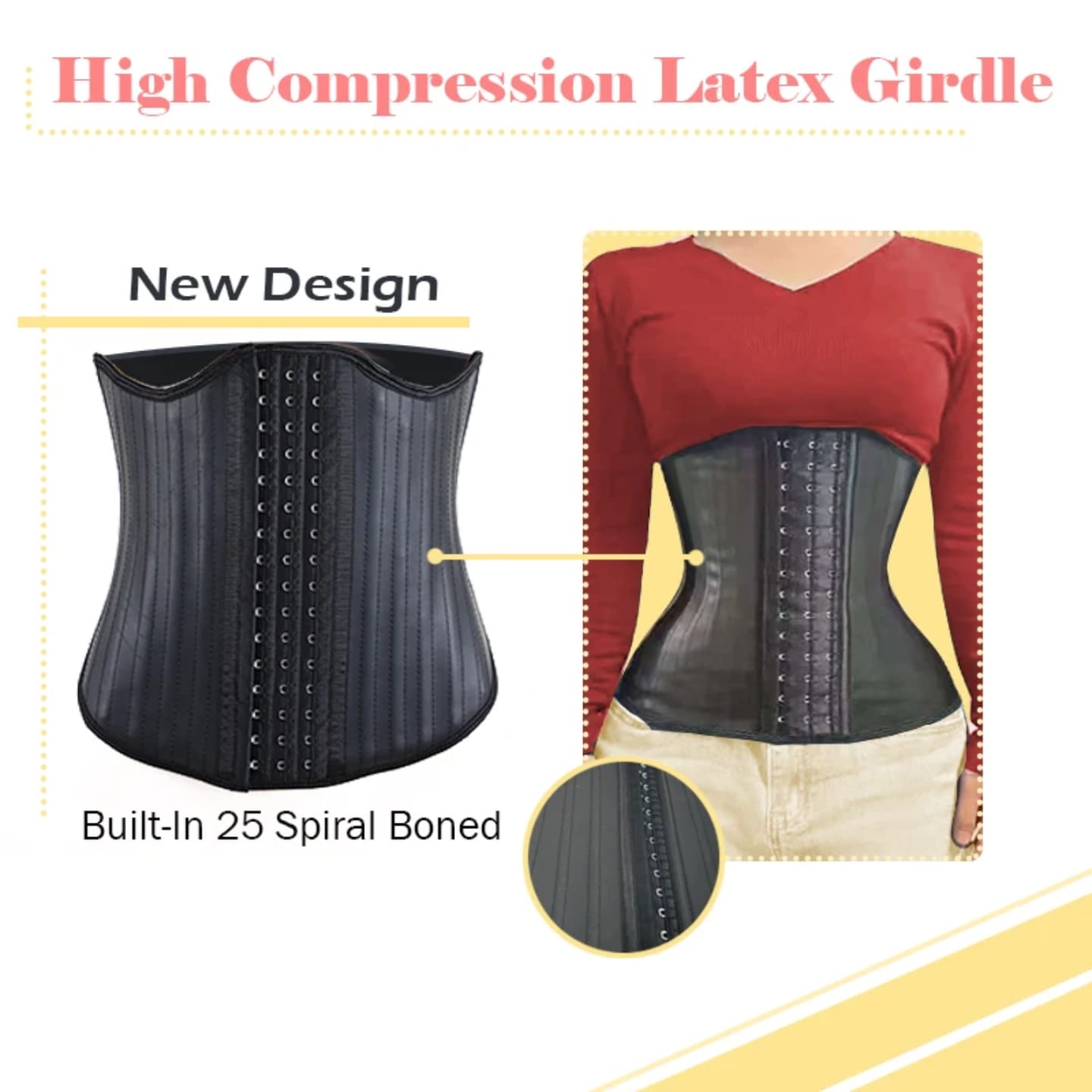 Pure Latex 29 Steel Bone Waist Trainer Belt – Short Back Torso, High Compression, Hook Closure – Sculpting Support for Waist & Core (Black, S–3XL)