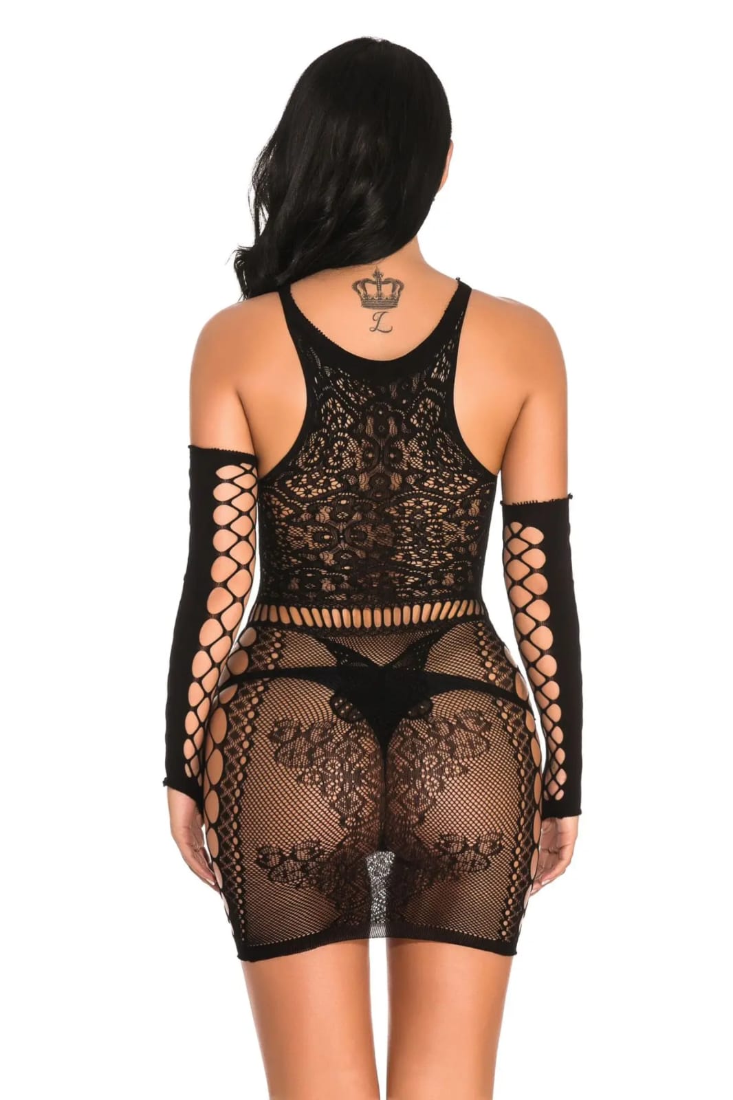 Black Lace & Mesh Bodystocking – Crisscross Cut-Out Design, Sleeveless Fit, Sheer Back & Front Panels – Stretch-Fit Lingerie for UK Sizes 4–24