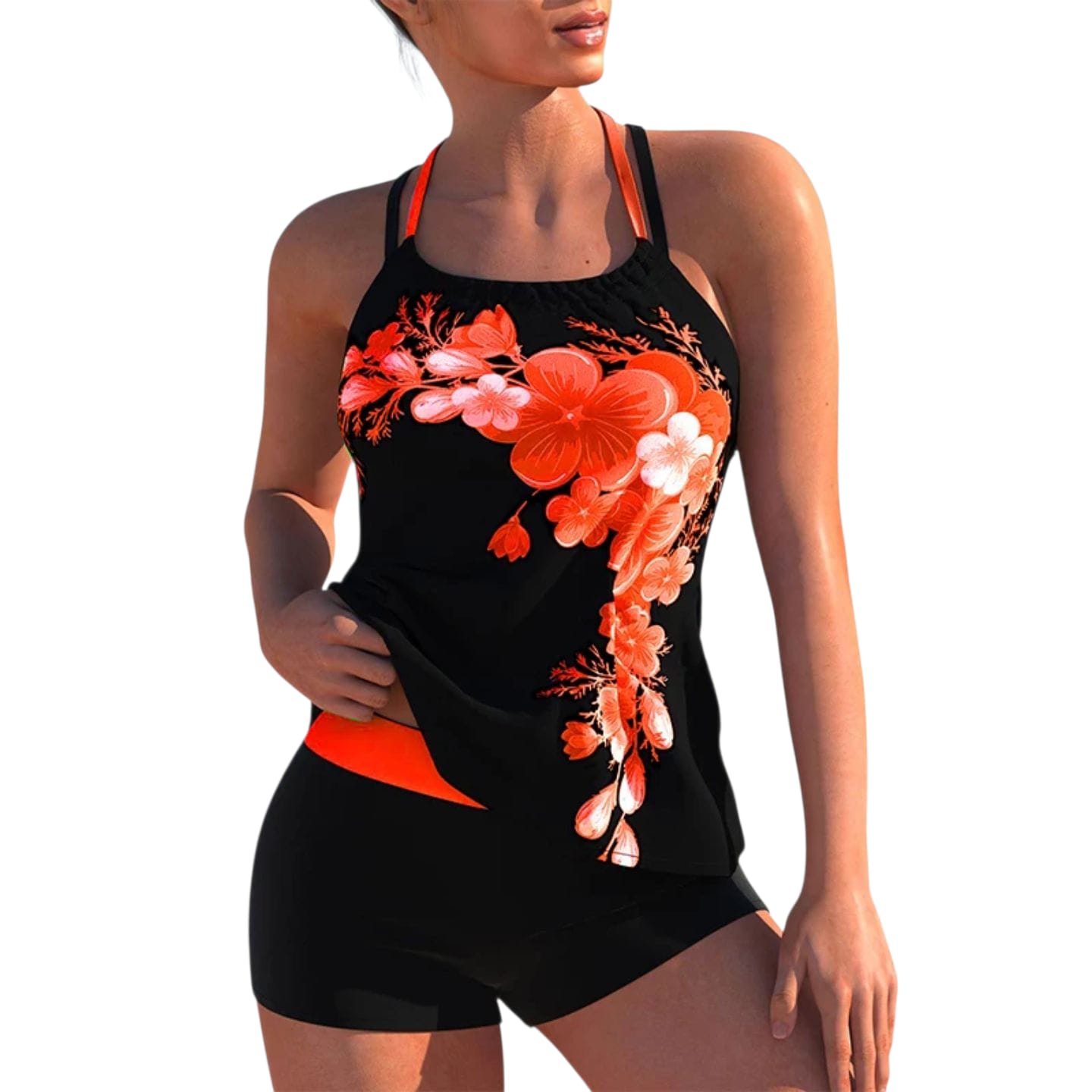 Women’s Two-Piece Tankini Swimsuit Set – Floral Print Halter Tank Top with Matching High-Waist Swim Shorts, Comfortable Stretchy Fabric, Modest Beachwear & Pool Outfit