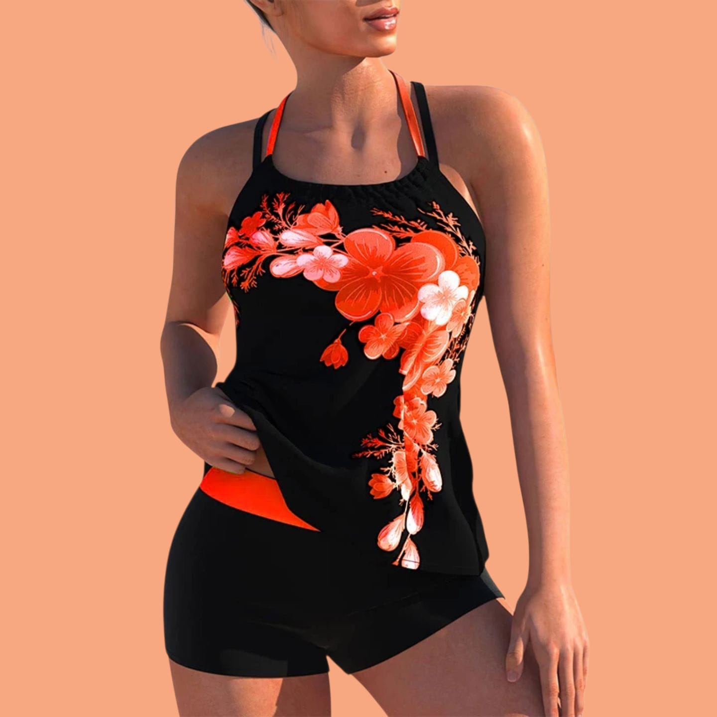 Women’s Two-Piece Tankini Swimsuit Set – Floral Print Halter Tank Top with Matching High-Waist Swim Shorts, Comfortable Stretchy Fabric, Modest Beachwear & Pool Outfit