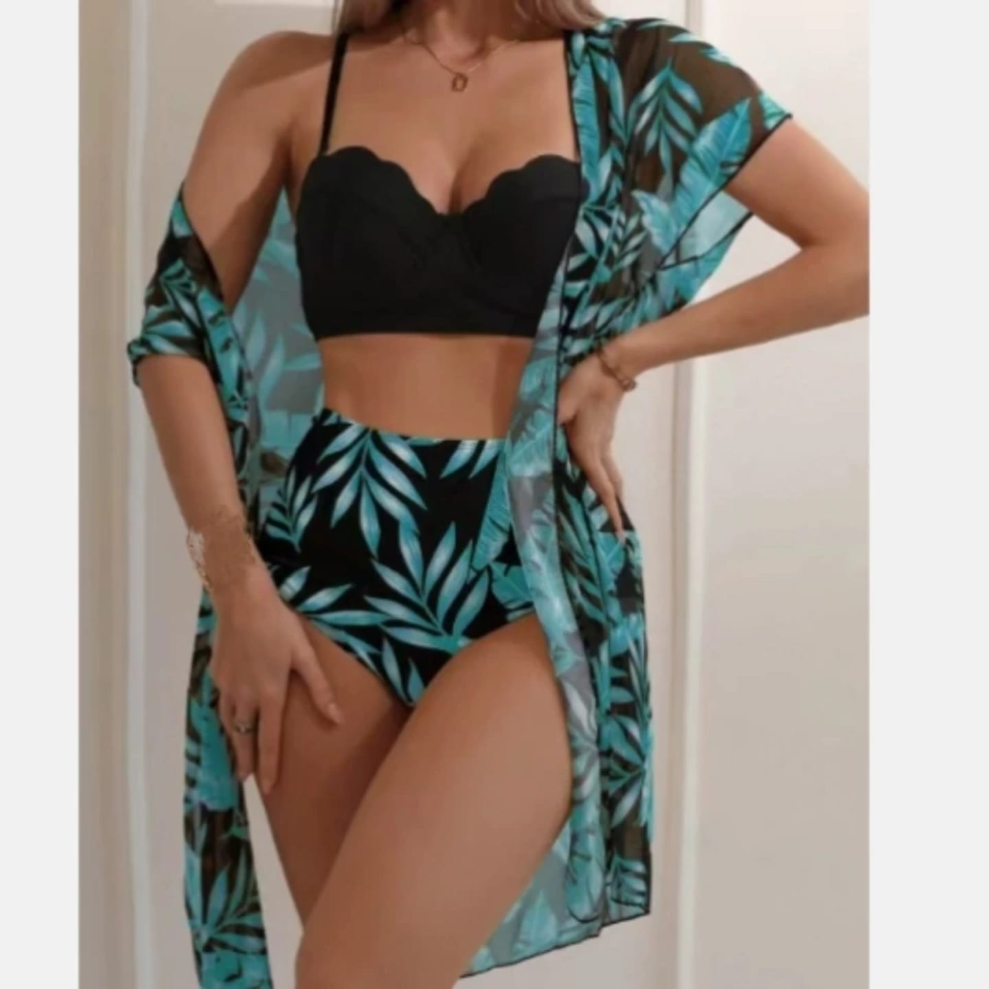Women’s 3-Piece Tropical Print Swimwear Set – High-Waist Bikini with Matching Sheer Cover-Up, Available in Black/Green and White/Green Shades, Stylish Beachwear in Sizes S–3XL