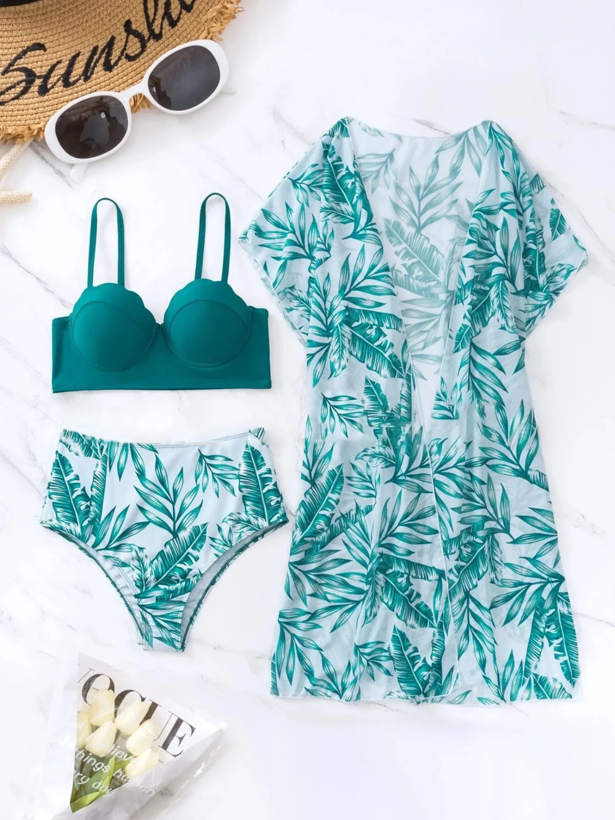 Women’s 3-Piece Tropical Print Swimwear Set – High-Waist Bikini with Matching Sheer Cover-Up, Available in Black/Green and White/Green Shades, Stylish Beachwear in Sizes S–3XL