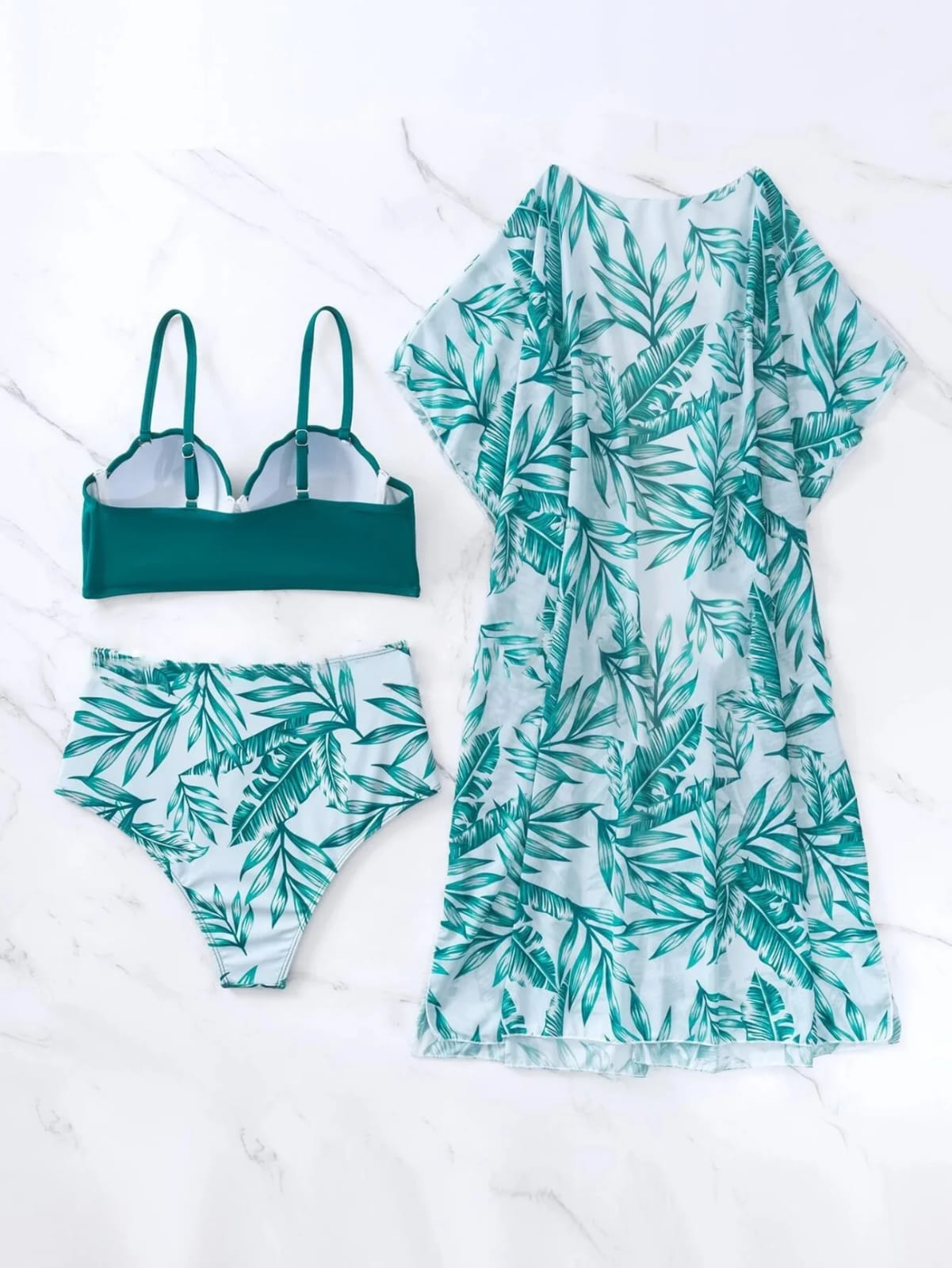 Women’s 3-Piece Tropical Print Swimwear Set – High-Waist Bikini with Matching Sheer Cover-Up, Available in Black/Green and White/Green Shades, Stylish Beachwear in Sizes S–3XL