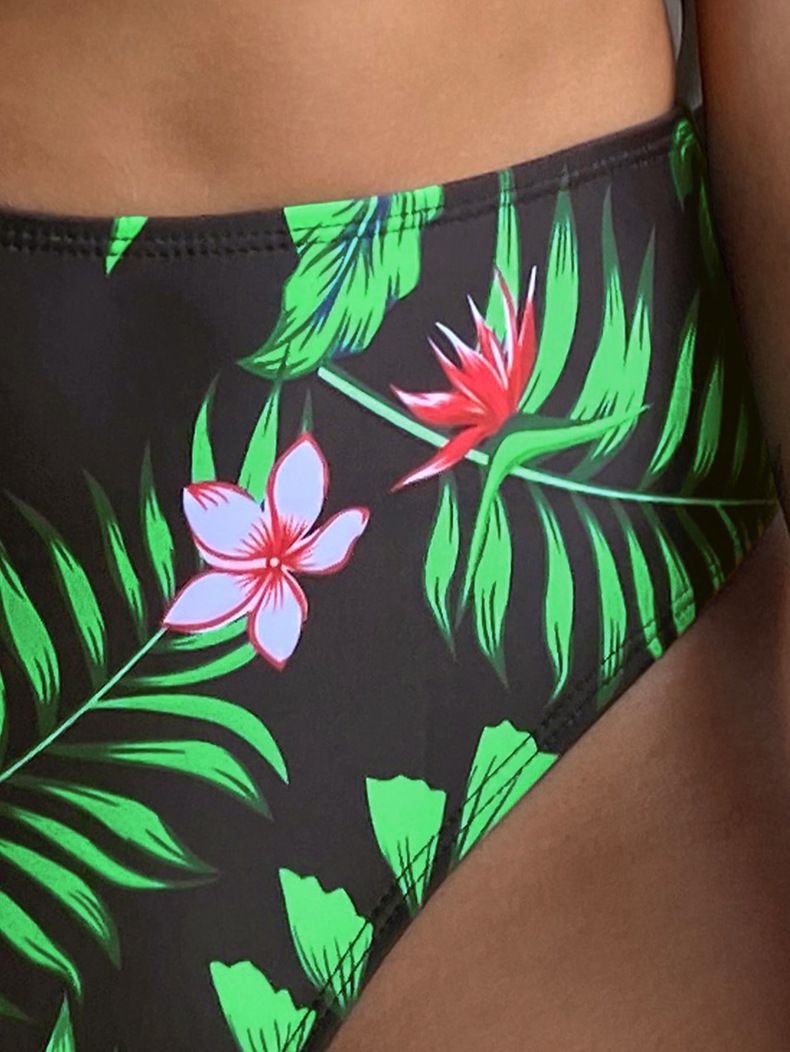 Women’s 3-Piece Tropical Print Swimwear Set – High-Waist Bikini with Matching Sheer Cover-Up, Available in Black/Green and White/Green Shades, Stylish Beachwear in Sizes S–3XL