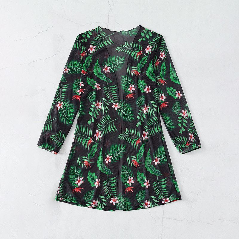 Women’s 3-Piece Tropical Print Swimwear Set – High-Waist Bikini with Matching Sheer Cover-Up, Available in Black/Green and White/Green Shades, Stylish Beachwear in Sizes S–3XL