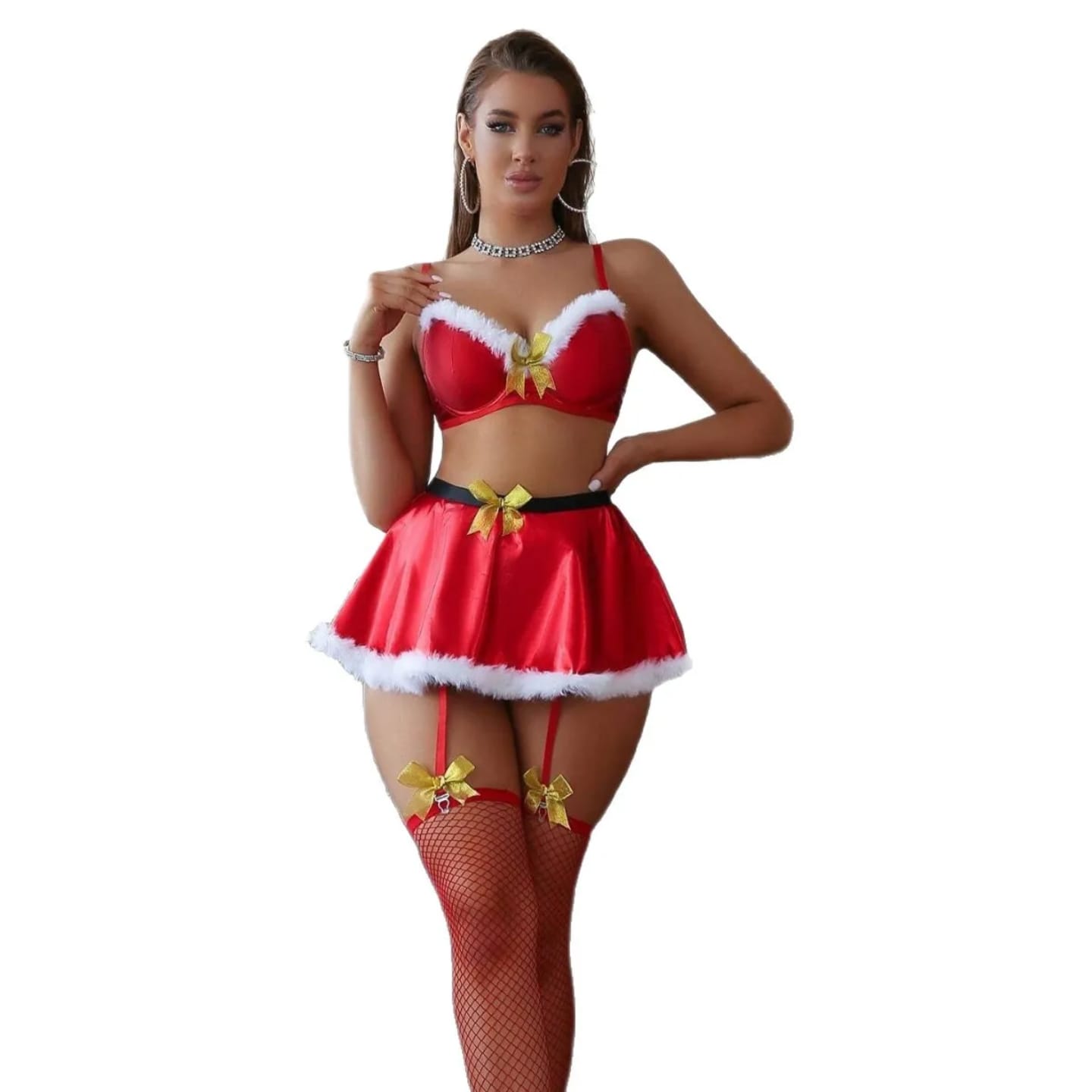 Red Holiday Costume Lingerie Set with Faux Fur Trim, Gold Bow Accents, Fishnet Stockings & Garter Straps – Festive Bra Top & Skirt Ensemble (Sizes S–XL)
