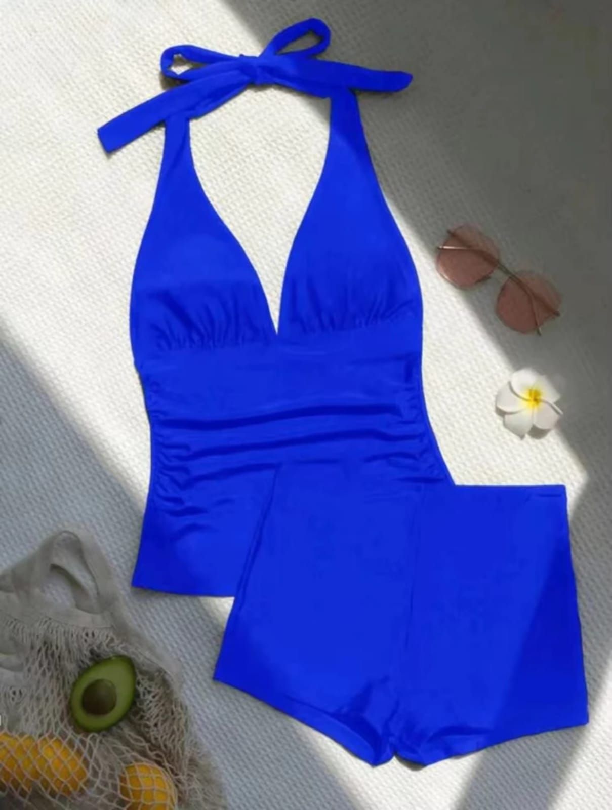Women's Retro-Inspired Bright Blue Halter Swimsuit – Plunge Neckline, Ruched Waist, Full Coverage Back – Sizes S to XL for Poolside, Beachwear & Vacation Styling
