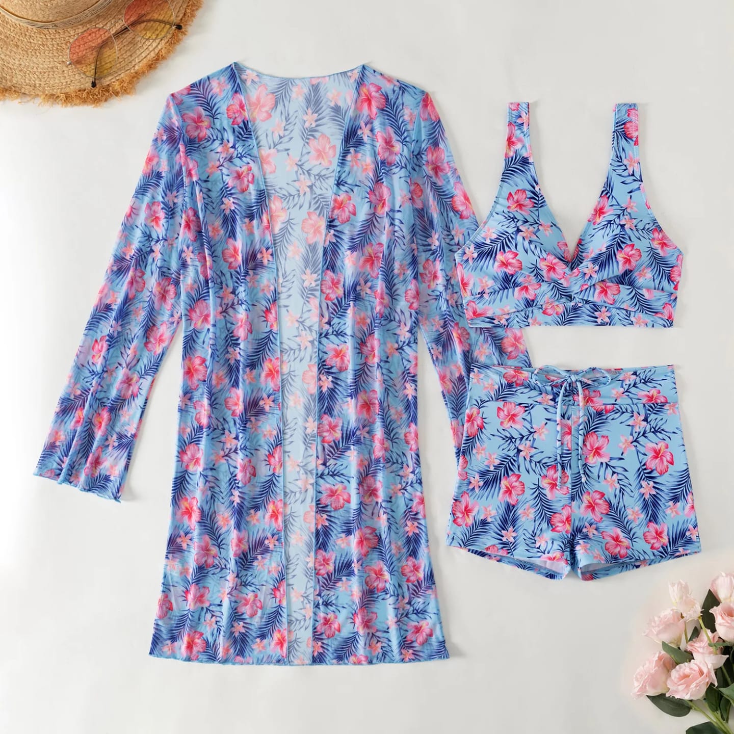 Women’s Tropical Floral Beach Cover-Up Set – Long Sleeve Sheer Kimono Cardigan with Drawstring Shorts and Bralette Style Top, Lightweight Summer Vacation Outfit, Floral Print Beachwear Set