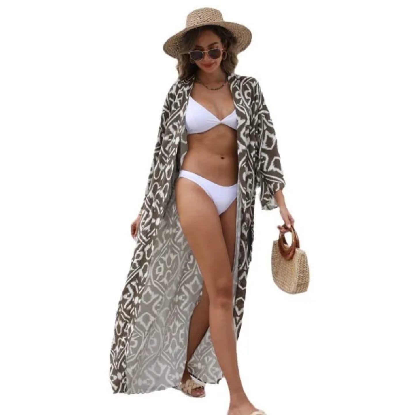 Women’s Long Beach Cover Up Kimono – Lightweight Printed Maxi Swimwear Cover-Up Cardigan with Long Sleeves, Open Front Flowy Beach Robe for Bikini, Swimsuit, Poolside and Resort Wear