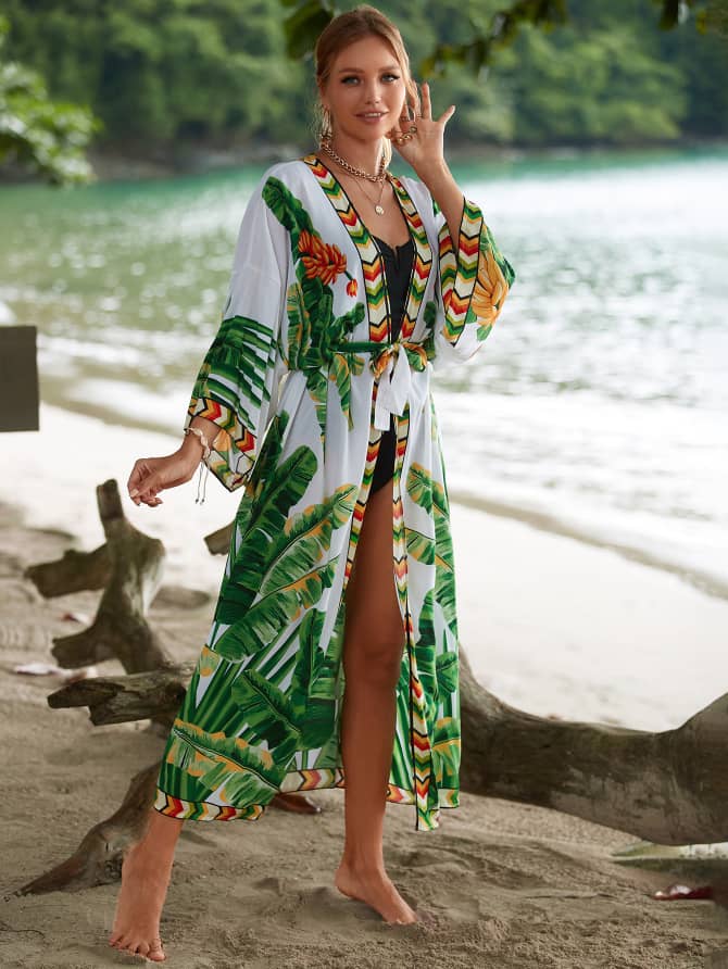 Tropical Leaf Print Beach Cover-Up Kimono for Women – Lightweight Free Size Summer Swimwear Cover-Up Robe with Front Tie, Boho Style Beach Cardigan for Vacation, Poolside, Resort Wear
