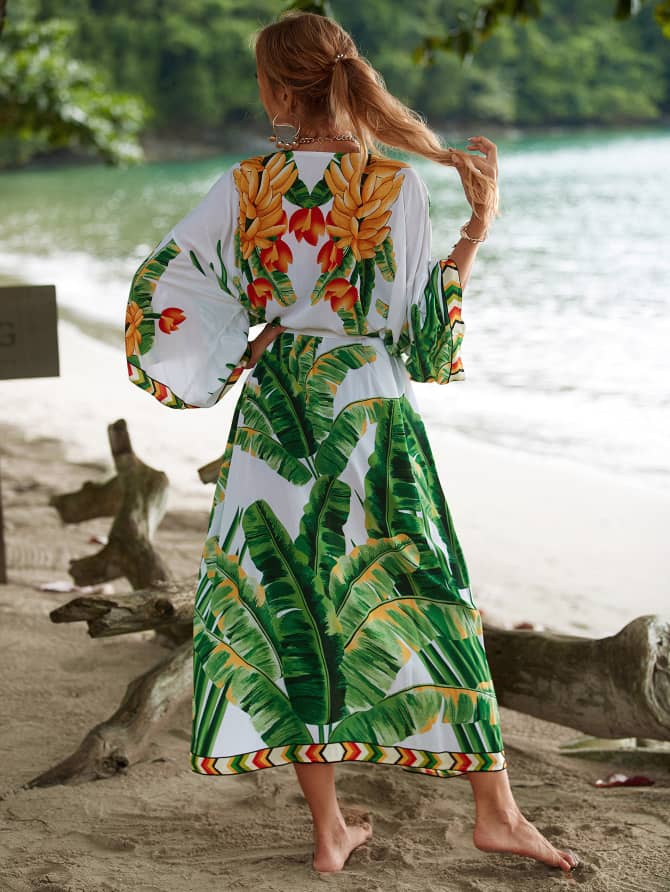 Tropical Leaf Print Beach Cover-Up Kimono for Women – Lightweight Free Size Summer Swimwear Cover-Up Robe with Front Tie, Boho Style Beach Cardigan for Vacation, Poolside, Resort Wear