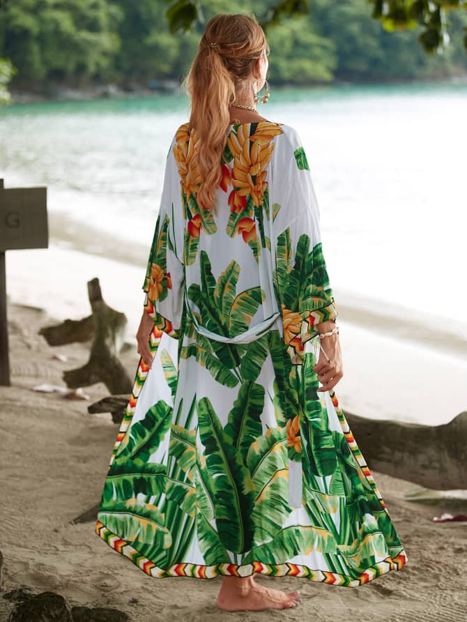 Tropical Leaf Print Beach Cover-Up Kimono for Women – Lightweight Free Size Summer Swimwear Cover-Up Robe with Front Tie, Boho Style Beach Cardigan for Vacation, Poolside, Resort Wear