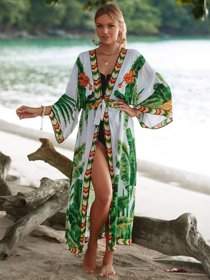 Tropical Leaf Print Beach Cover-Up Kimono for Women – Lightweight Free Size Summer Swimwear Cover-Up Robe with Front Tie, Boho Style Beach Cardigan for Vacation, Poolside, Resort Wear