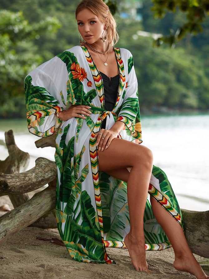 Tropical Leaf Print Beach Cover-Up Kimono for Women – Lightweight Free Size Summer Swimwear Cover-Up Robe with Front Tie, Boho Style Beach Cardigan for Vacation, Poolside, Resort Wear