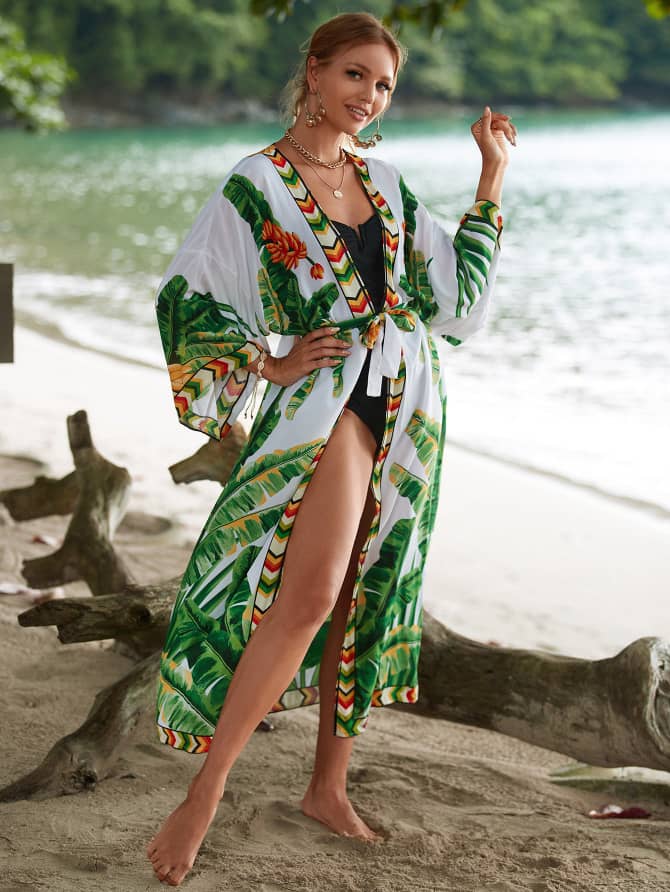 Tropical Leaf Print Beach Cover-Up Kimono for Women – Lightweight Free Size Summer Swimwear Cover-Up Robe with Front Tie, Boho Style Beach Cardigan for Vacation, Poolside, Resort Wear
