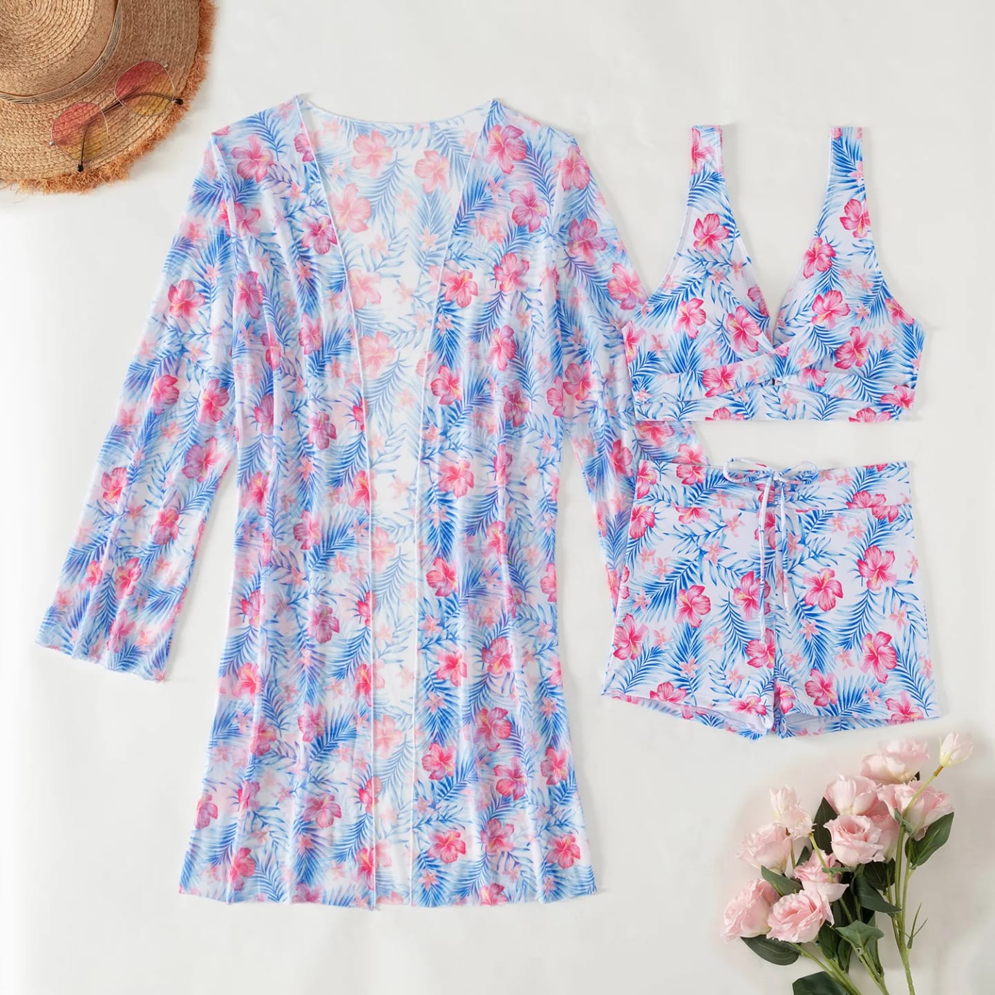 Women’s 3-Piece Beachwear Set – Floral Sheer Cover-Up, Matching Top & Shorts – Sizes S to 2XL – Stylish Vacation Outfit for Poolside, Resort & Summer Travel