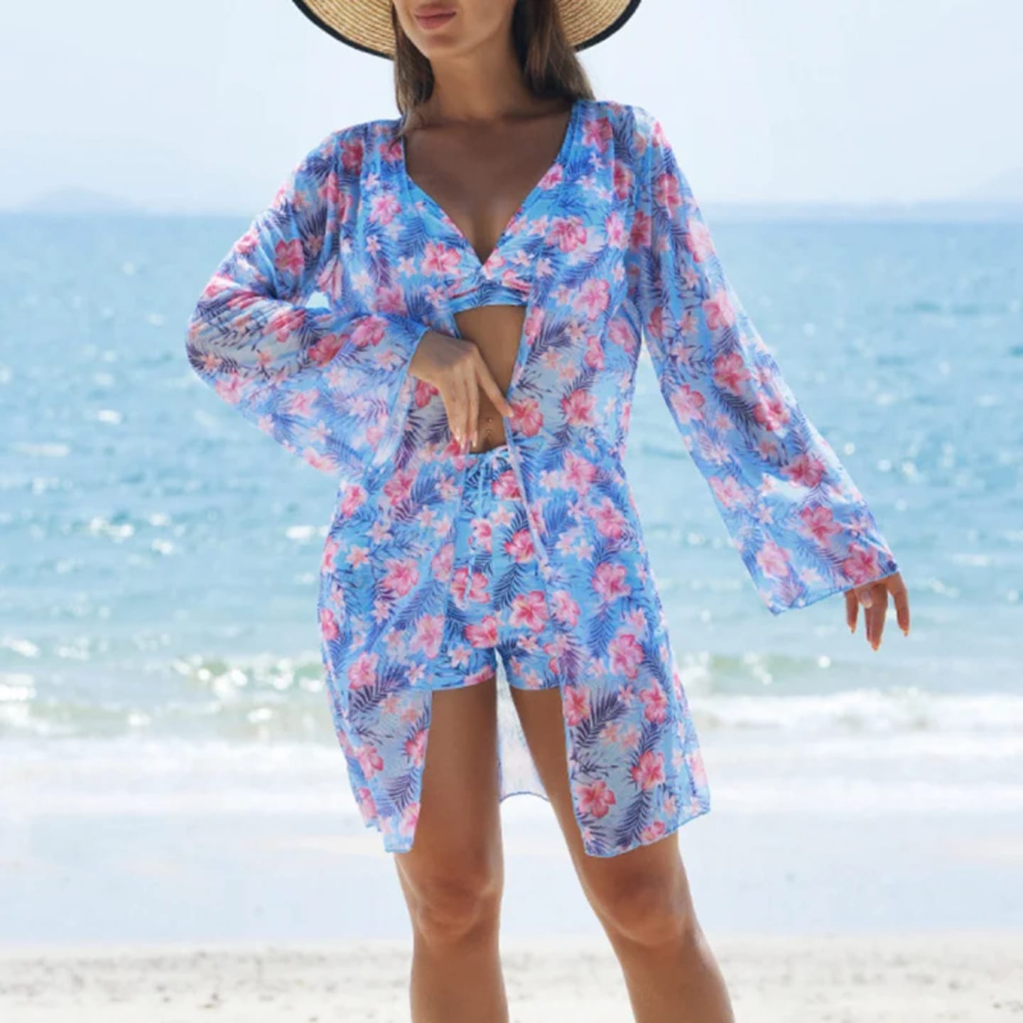 Women’s 3-Piece Beachwear Set – Floral Sheer Cover-Up, Matching Top & Shorts – Sizes S to 2XL – Stylish Vacation Outfit for Poolside, Resort & Summer Travel