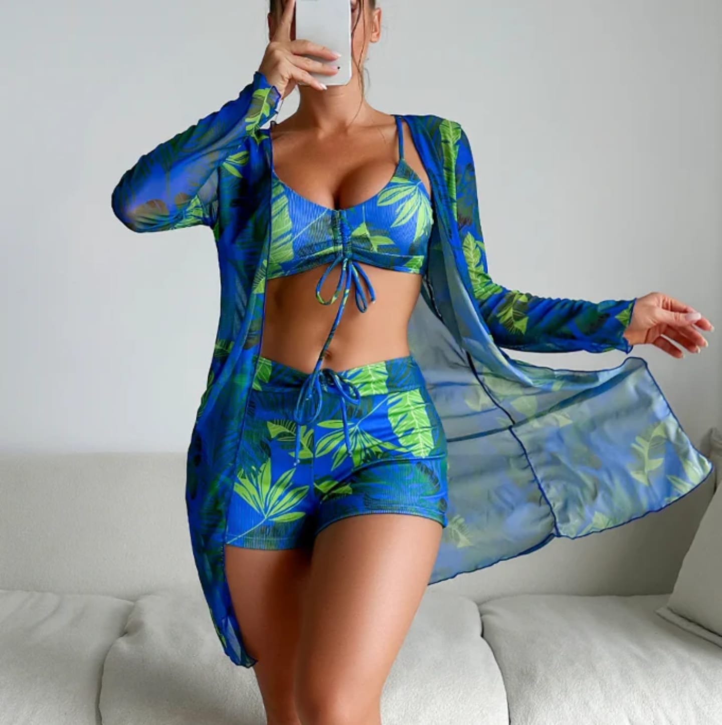 Women’s 3-Piece Tropical Leaf Print Outfit – Crop Top with Drawstring, High-Waisted Shorts & Sheer Long-Sleeve Cover-Up – Sizes S to 2XL – Stylish Summer Beachwear & Vacation Set