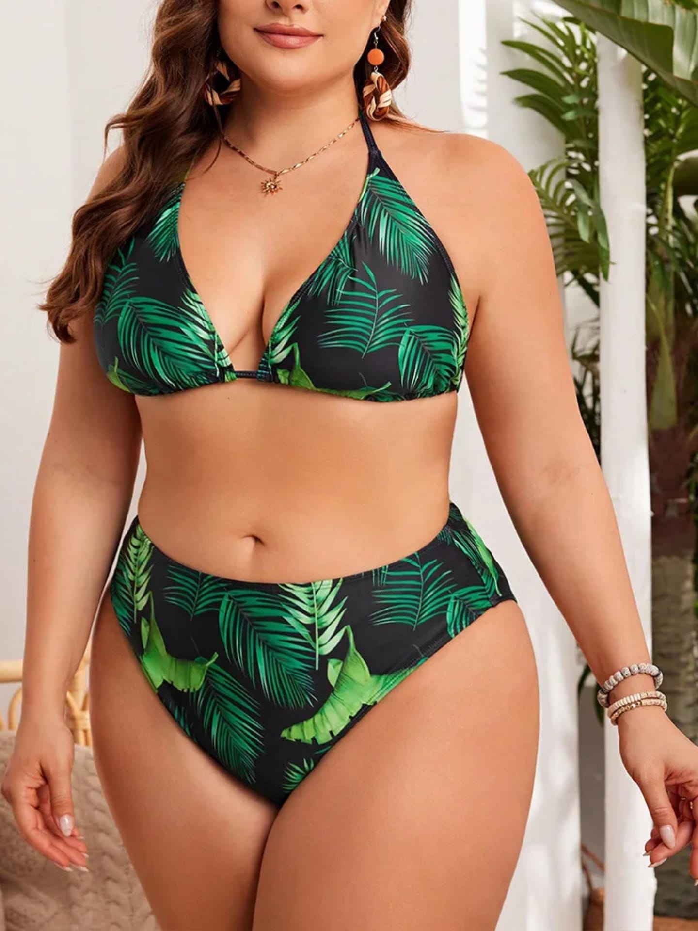 Women’s 3-Piece Tropical Palm Leaf Outfit – Bikini Top, Shorts & Sheer Long-Sleeve Cover-Up – Sizes XL to 5XL – Plus Size Summer Beachwear & Resort Vacation Set