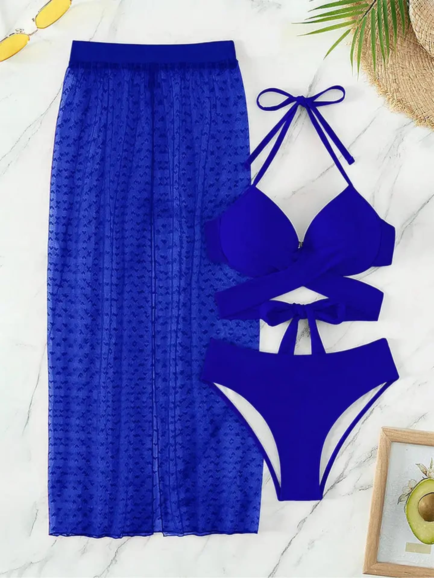Women’s 3-Piece Royal Blue Swimwear Set – Halter Bikini Top, High-Cut Bottom & Sheer Mesh Skirt – Sizes S to 2XL – Stylish Summer Beach & Poolside Outfit