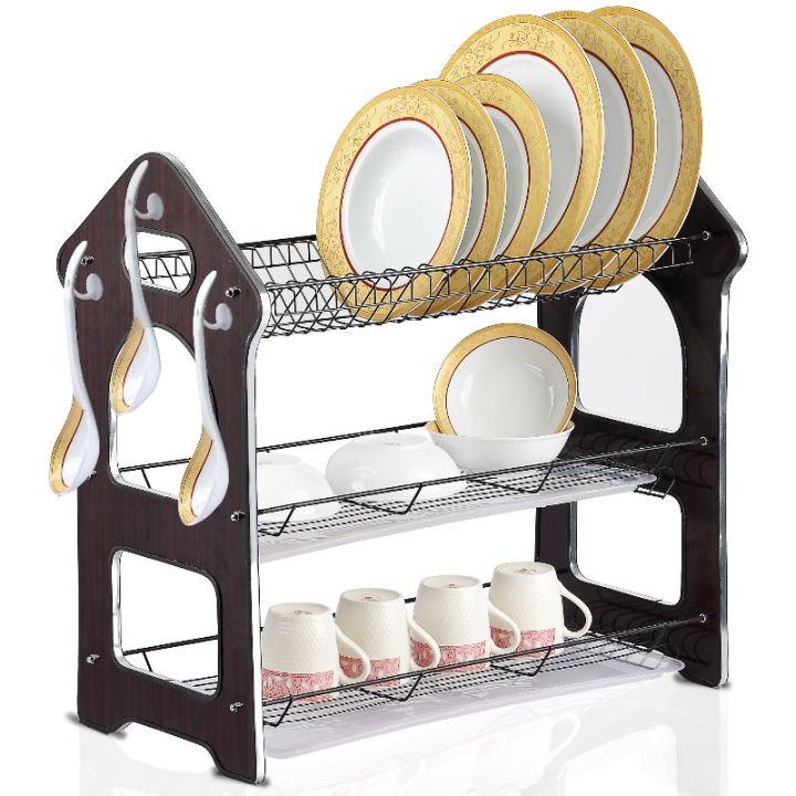 3-Tier Wooden  Dish Drying Rack + Drain Board Modern Kitchen Organizer, Rust-Proof Multi-Level Drying Rack for Plates, Bowls, Cups & Utensils, with Removable Drip Tray & Cutlery Holder