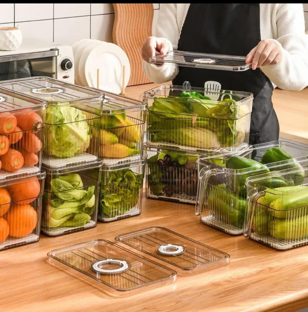 Acrylic fridge storage organizer 1pc Upgrade with Freshness Timer and Drain Tray: With novel and practical dial timer and drain tray design, it's quite convenient to set an alarm with the fridge organ