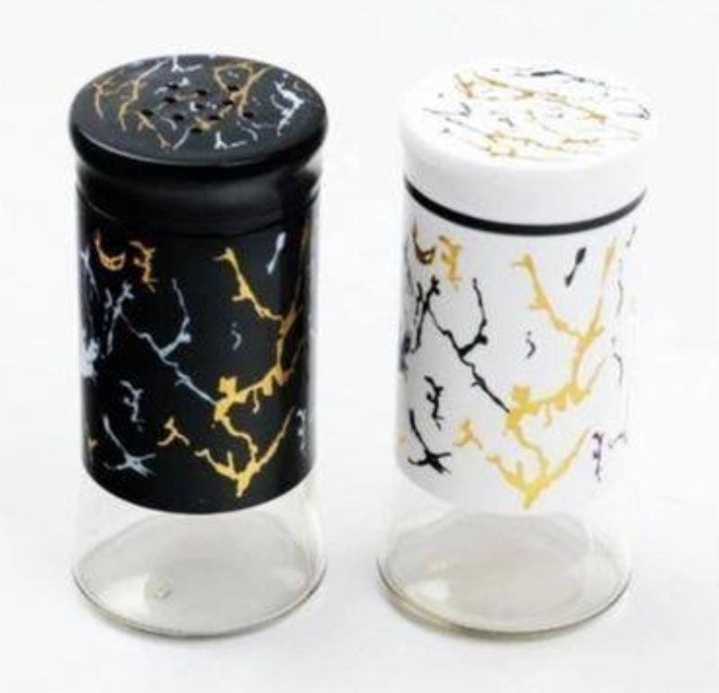 Salt and pepper shakers 2PCS Unique And Classy Glass Marble Coated Salt Shakers Made from high quality stainless steel with aglass bottom that helps to verify when shakers are getting low, avoiding th