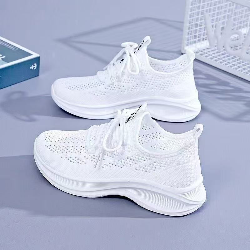 Soft Soled Running Shoes New Solid Color Mesh Breathable Casual Thick Sole Anti Slip Women's Vulcanized Single Shoe
