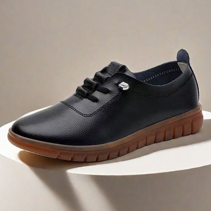 Women Leather Shoes For Ladies Soft Slip On Flat Shoe - Black