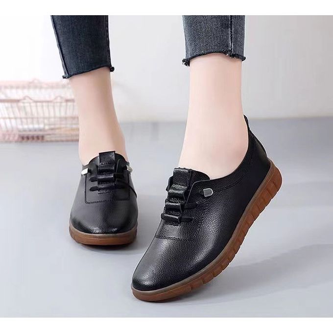 Women Leather Shoes For Ladies Soft Slip On Flat Shoe - Black