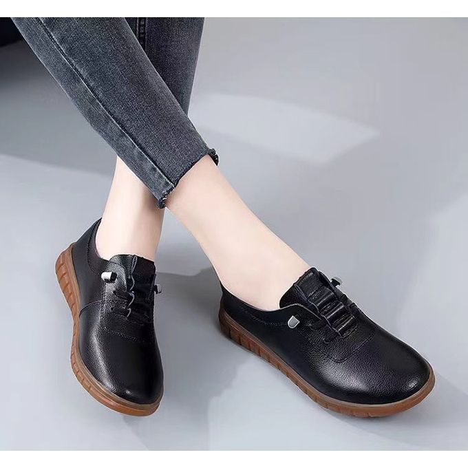 Women Leather Shoes For Ladies Soft Slip On Flat Shoe - Black