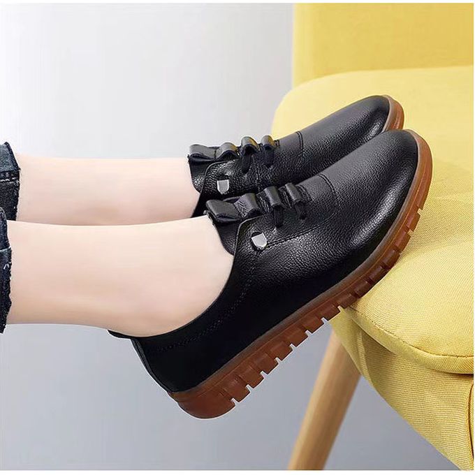 Women Leather Shoes For Ladies Soft Slip On Flat Shoe - Black