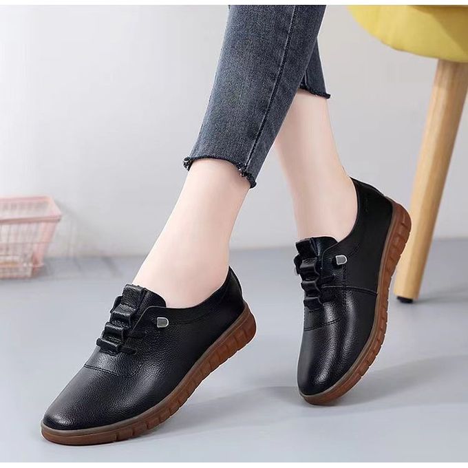 Women Leather Shoes For Ladies Soft Slip On Flat Shoe - Black