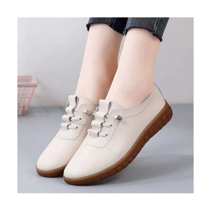 Women Leather Shoes For Ladies Soft Slip On Flat Shoe - Beige