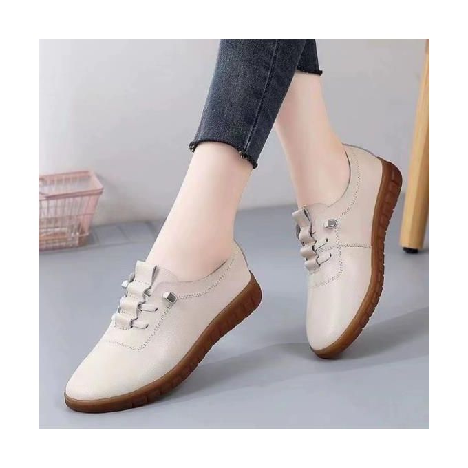 Women Leather Shoes For Ladies Soft Slip On Flat Shoe - Beige