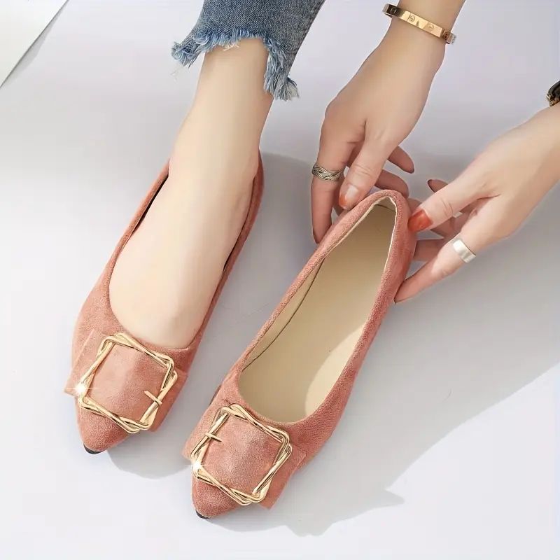 Women'S Square Buckle Loafers - Light Blue Slip-On Mules with Golden Buckle, Pointed Toe, Low Heel, All-Season Comfort Shoes for Casual or Office Wear, Ladies Shoe