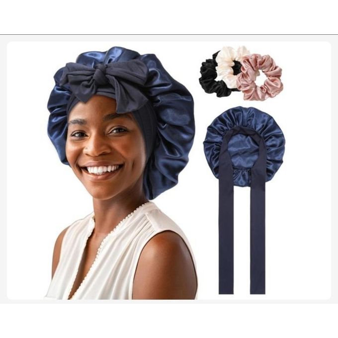 Satin Bonnet Silk Smooth Sleeping Cap for Women With Adjustable Tie Band- Navy Blue