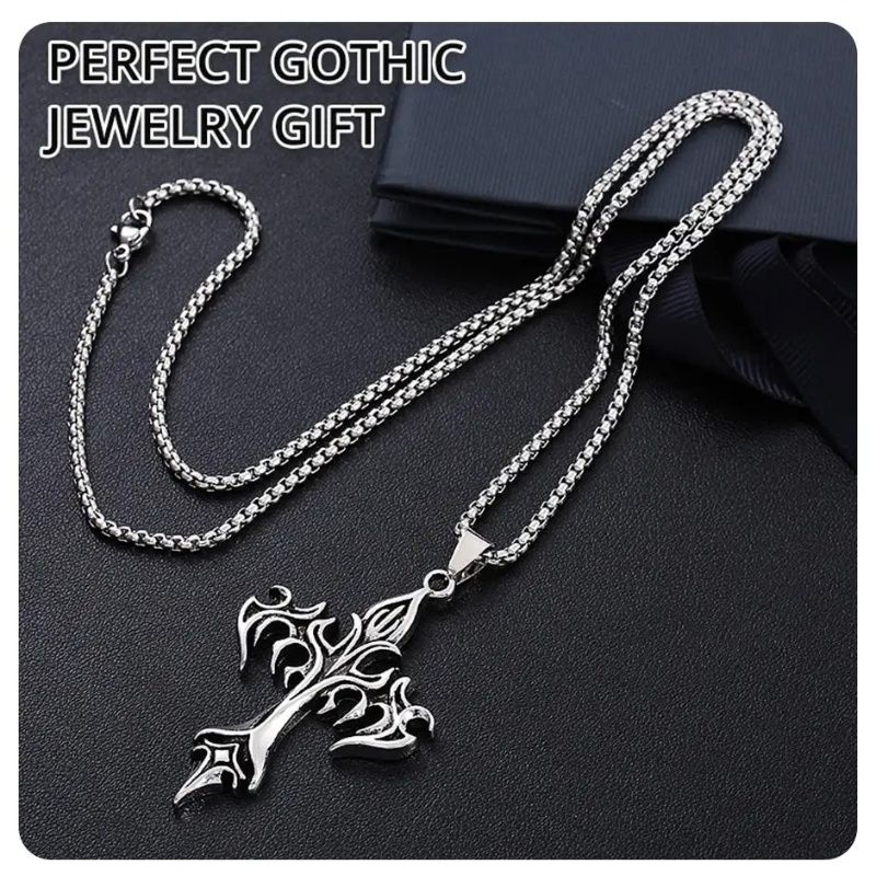 New  Punk Jewelry Accessories Stainless Steel Necklace Vintage Flame Cross Pendant Necklace for Women Men