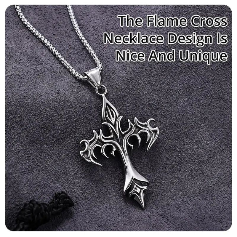New  Punk Jewelry Accessories Stainless Steel Necklace Vintage Flame Cross Pendant Necklace for Women Men