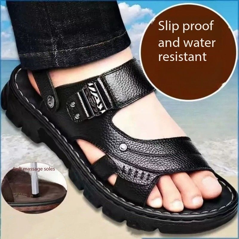 Men's sandals summer fashion leather waterproof anti slip soft sole wear-resistant beach shoes thick soled slippers