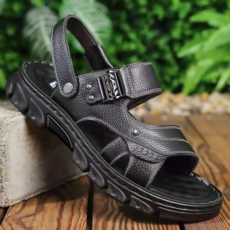 Men's sandals summer fashion leather waterproof anti slip soft sole wear-resistant beach shoes thick soled slippers
