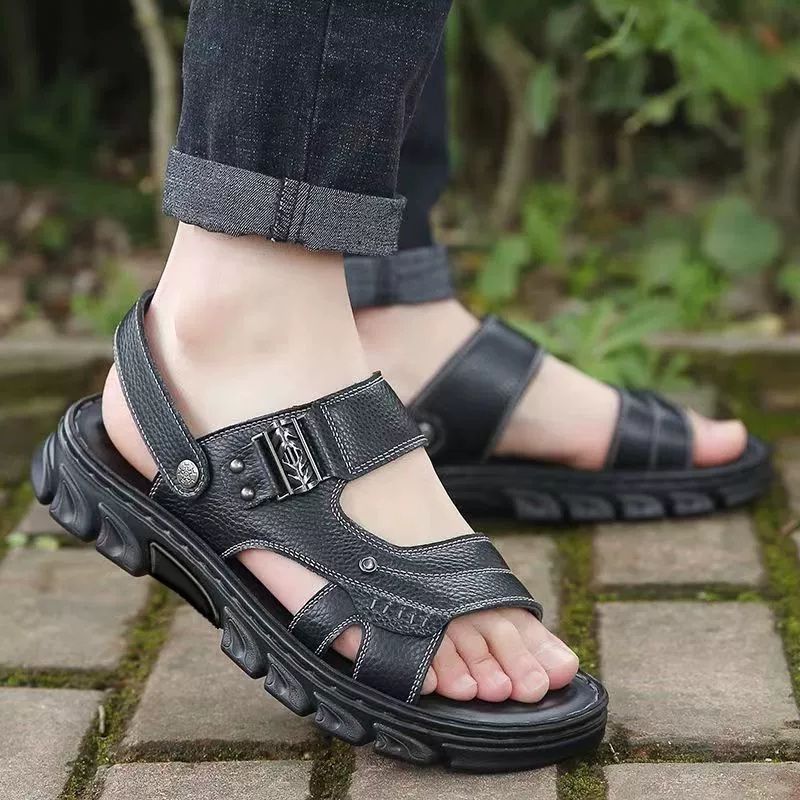 Men's sandals summer fashion leather waterproof anti slip soft sole wear-resistant beach shoes thick soled slippers