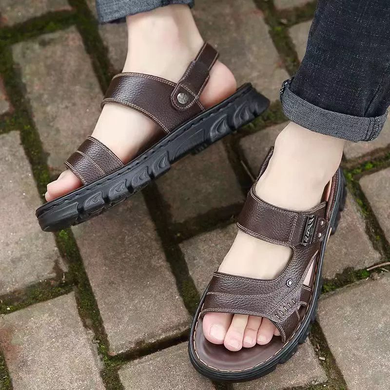 Men's sandals summer fashion leather waterproof anti slip soft sole wear-resistant beach shoes thick soled slippers