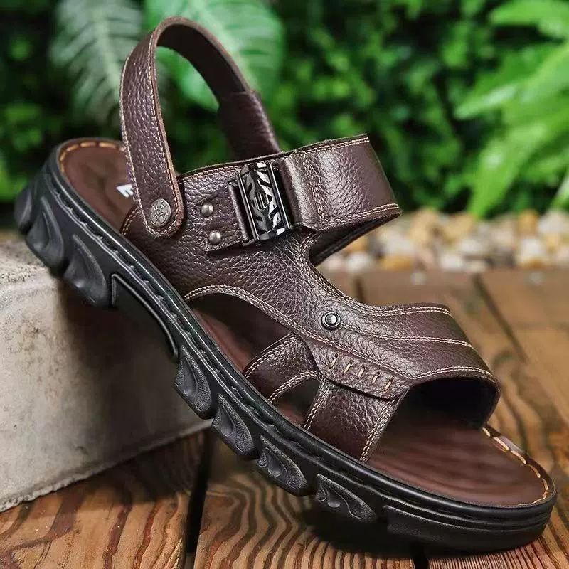 Men's sandals summer fashion leather waterproof anti slip soft sole wear-resistant beach shoes thick soled slippers