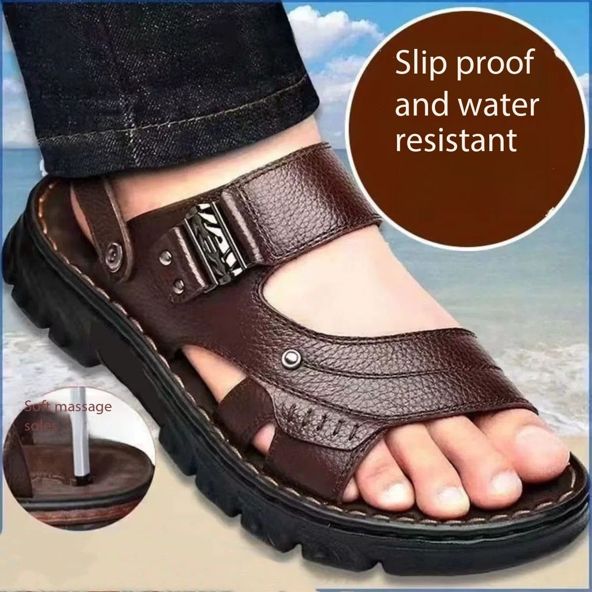Men's sandals summer fashion leather waterproof anti slip soft sole wear-resistant beach shoes thick soled slippers