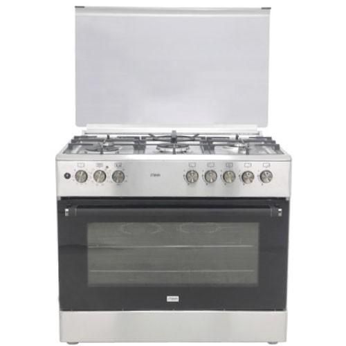 CLEARANCE OFFER 60*90 mika 4 Gas Pool Jet Burners (1 Wok) + 1 RAPID Hot Plate, Auto Ignition, 4 Function Electric Oven, GAS CYLINDER CABINET, Rotisserie, Mirror Black Hob, Silver Body	 standing cooker