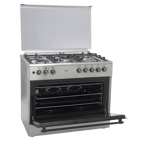 CLEARANCE OFFER 60*90 mika 4 Gas Pool Jet Burners (1 Wok) + 1 RAPID Hot Plate, Auto Ignition, 4 Function Electric Oven, GAS CYLINDER CABINET, Rotisserie, Mirror Black Hob, Silver Body	 standing cooker