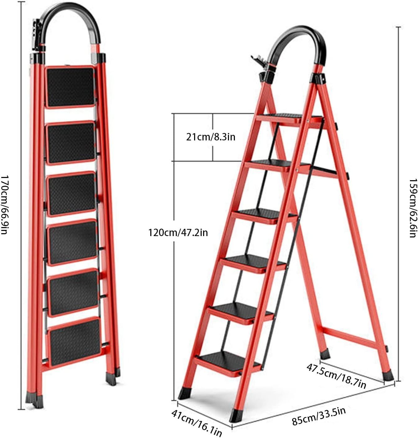 6-Step Ladder Foldable Step Stool Ladder Portable Ladders Wide Anti-Slip Pedal 550lbs Load Capacity Stainless Steel Lightweight for Household